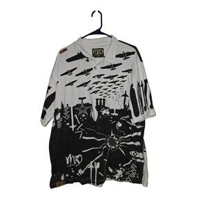 Mad Fashion Military Bombing Graphic‎ Print Polo Shirt 2XL Black & White
